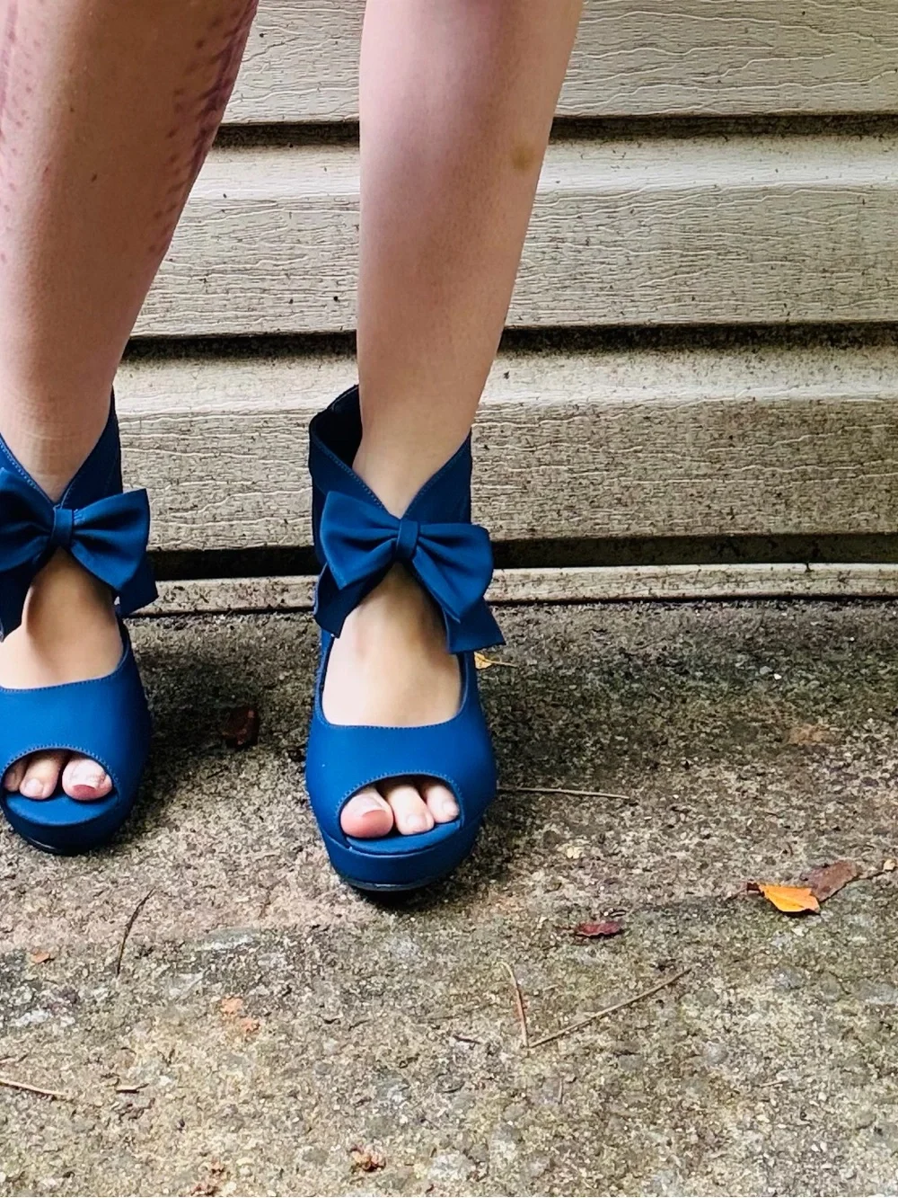 Blue Peep-Toe Bow Platform Heels - Women